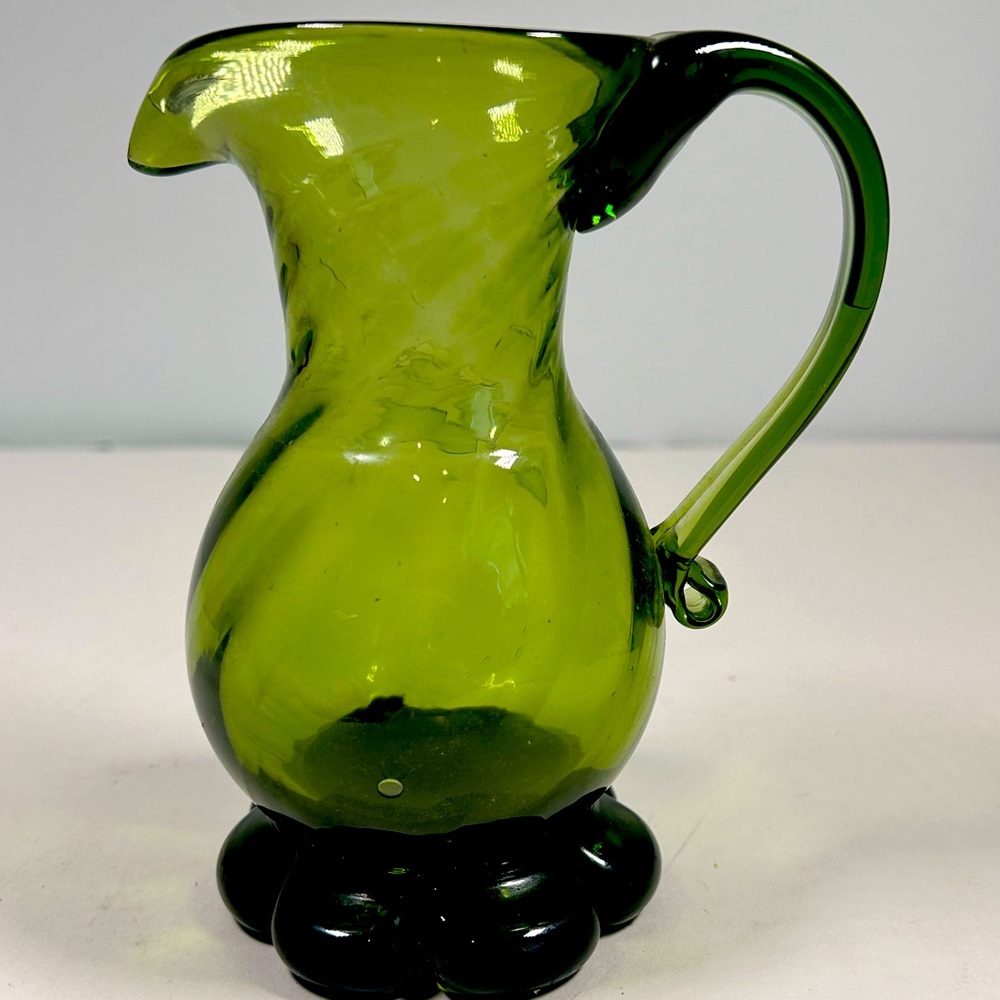 Vintage Art Glass Hand Blown Small Green Pitcher Creamer Applied Handle Swirled